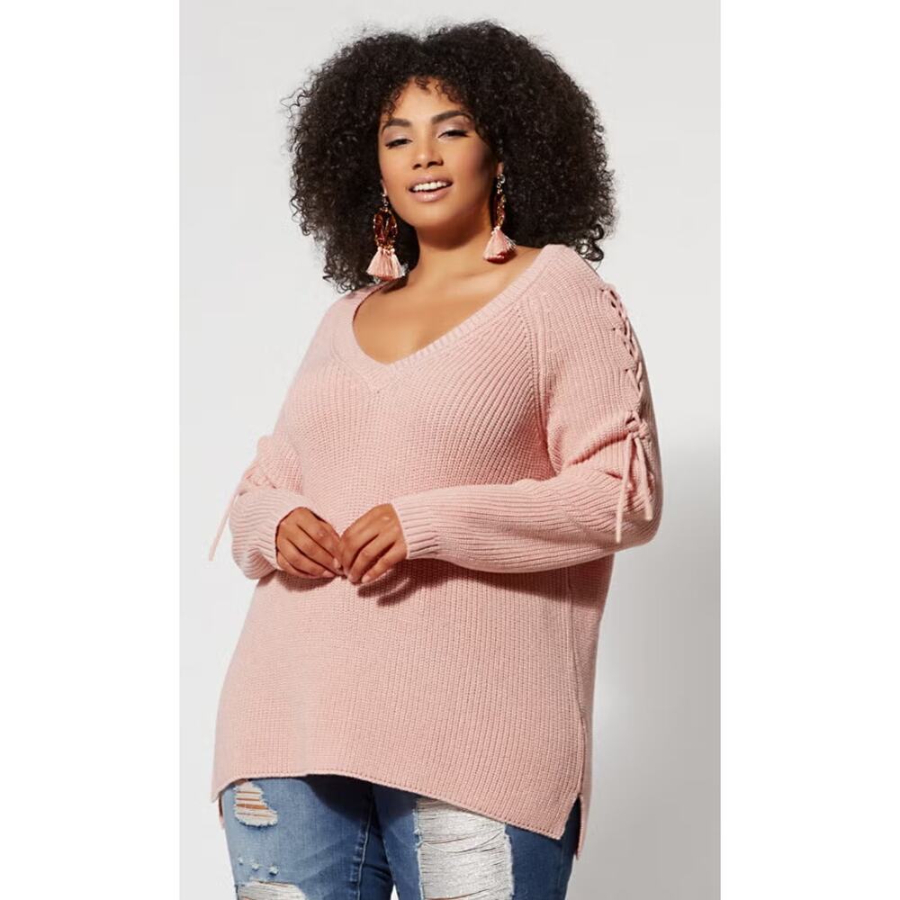Fashion to Figure Pink Cold Shoulder Lace Up V  Tunic Sweater Size XL Cozy Soft